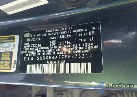 2015 Kia Optima Lx z USA, uszkodzony, nr VIN 5XXGM4A77FG373212